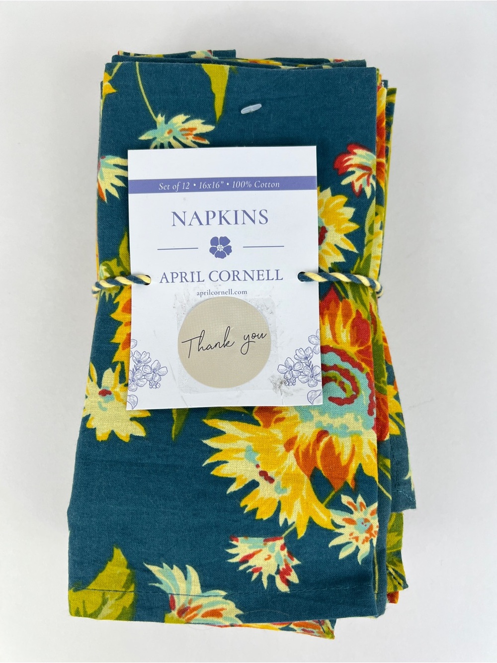 April Cornell Floral Dinner Napkins Marguerite Teal Yellow Orange 12 Pc NEW